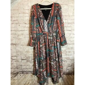 Stella & Julie Midi Dress Womens 12 Coral & Turquoise Mixed Print Asymmetric Hem